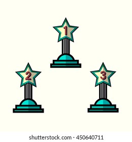 Trophy award First, second and third winner flat design icon sets. Vector illustration.