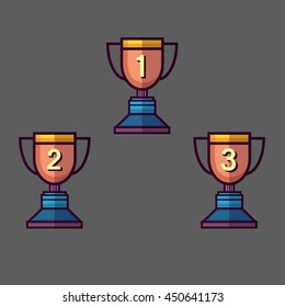 Trophy award First, second and third winner flat design icon sets. Vector illustration.