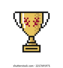 Trophy, award icon in pixel art design. World cup symbol isolated on white background.