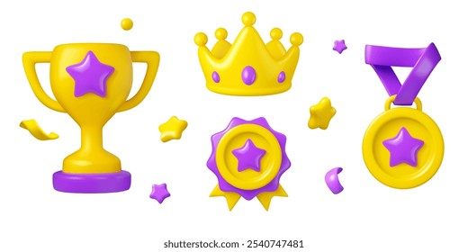 Trophy award icon set. Vector 3d crown, medal and prize with stars and confetti. Cartoon winner emblems collection isolated on white background