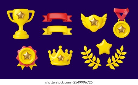 Ícone de prêmio do troféu. Vetor 3d coroa, medalha e prêmio com estrelas de ouro. Escudo, fita e coroa de louro em amarelo e vermelho. Coleção de emblemas vencedores de desenhos animados isolada no fundo escuro