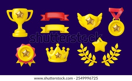 Trophy award icon set. Vector 3d crown, medal and prize with gold stars. Shield, ribbon and laurel wreath in yellow and red. Cartoon winner emblems collection isolated on dark background