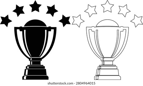 Trophy award icon set with winner cup, medal, champion symbols and achievement reward elements, success and competition icons in solid and outline style vector isolated on transparent background