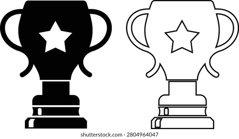 Trophy award icon set with winner cup, medal, champion symbols and achievement reward elements, success and competition icons in solid and outline style vector isolated on transparent background