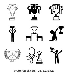 Iconos De Trofeos Y Premios Colección Ilustración vectorial De Éxito Y Logro Blanco Y Negro