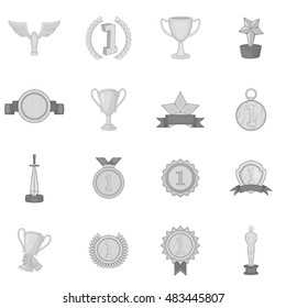 Trophy award icons set in black monochrome style. Sports achievements set collection vector illustration