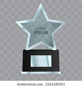 Trophy award isolated. Star shape transparent glass prize. Vector illustration