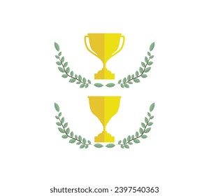 Trophy with award laurel wreath. Leaves victory frame. Floral branch border. Champion winner branch logo. Vector illustration isolated on white background.