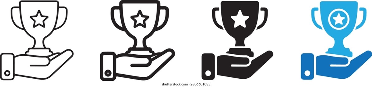 Trophy Award Presentation Icons Set Featuring Outline and Solid Glyph Icons for Victory Celebrations, Talent Recognition, Champion Crowning, Business Triumphs, Goal Attainments, Hand Presentations, Graphic Assets