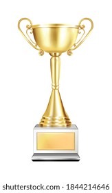 Trophy-Preis-realistische Komposition mit isoliertem Bild des Becherpreises mit orangefarbenen Griffen und perverser Vektorgrafik