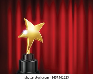 Trophy award red curtain background realistic composition with image of golden star shaped cup on pedestal vector illustration