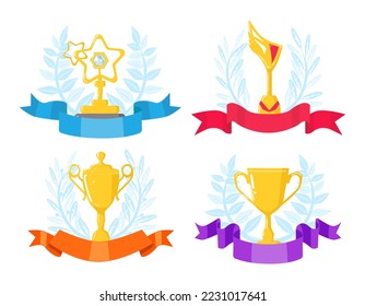 Trophy award with ribbon decoration set, vector illustration. Success victory, prize cup reward for champion winner. Win sport competition