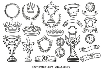 Trophy and award set of hand drawn icons vector illustration. Monochrome line vintage prizes for winners, medal reward for first place in sport game, outline collection of success and victory signs