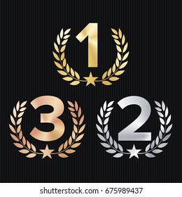 Trophy Award Set Vector. Figures 1, 2, 3 / One, Two, Three In A Realistic Gold / Silver / Bronze Laurel Wreath And Red Ribbon. Trophy Competition Game Concept. Isolated On Black. Illustration