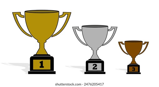 Ilustración vectorial de trofeos. Campeón de la copa ganadora, premio de la victoria de fútbol, símbolo del éxito del campeonato. Copa de Clip de arte trofeo de diseño blanco y negro aislado. 1er, 2do, 3er premio trofeo aislado.