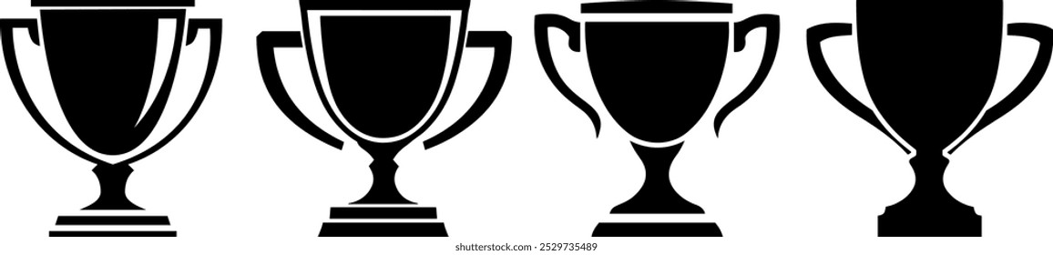 Trophy award silhouettes set, pack of vector silhouette design, isolated transparent background. Fast first place, contest winner, number one creative symbol concept. Champions Cup flat icon sign