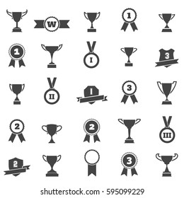 Trophy and award simple black icons. Winner cup and victory prize silhouette vector signs