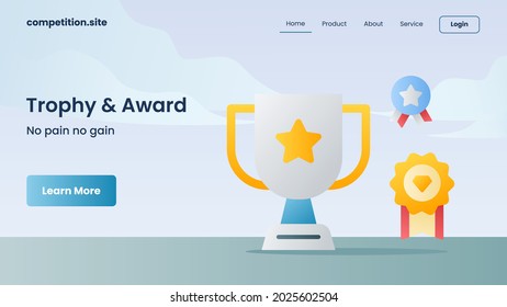 trophy and award with tagline no pain no gain for website template or landing homepage