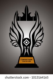 Trophy award with two wings and crown on gray background