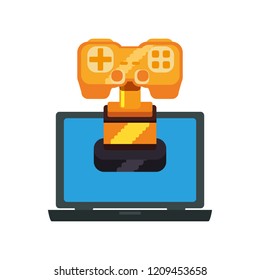 trophy award with video game control and laptop
