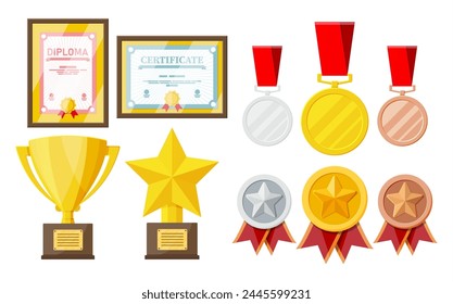 Trophy and awards collection. Diploma and certificate in frames. Competition prizes, cups and medals. Award, victory, goal, champion achievement. Vector illustration in flat style