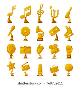 Trophy and awards collection of icons with golden objects given to winners and famous people in different fields vector illustration isolated on white