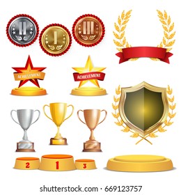 Trophy Awards Cups, Golden Laurel Wreath With Red Ribbon And Gold Shield. Realistic Golden, Silver, Bronze Achievement Medals. Sports Placement Podium. Isolated Vector