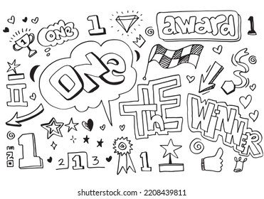 Trophy and Awards doodle icon set. first place medals. Winner Hand drawn Line art style isolated on white background.