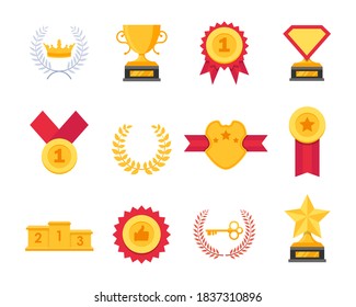 Trophy and awards flat icon collection. Different champion prizes - golden medal, cup, star, crown, shield, laurel wreath. Award pedestal.