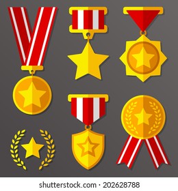 Trophy, awards, flat medals set with stars icon