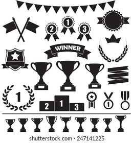 Trophy and awards icon set: laurel wreath, winning trophy cup, crown, medals, pedestal, flags, ribbons. Vector illustration isolated on white background.