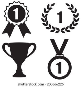 Trophy and awards icons set: Badge With Ribbons, Laurel wreath,Trophy cup and Medal. First place or victory sign or symbol. Vector illustration.  