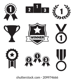 Trophy and awards icons set: Badge With Ribbons, Laurel wreath,Trophy cup, Medal and Shield. First place or victory sign or symbol. Vector illustration. 