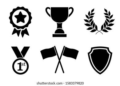 Trophy and awards icons set. First place, star rating and winner medal, victory cup, trophy reward, flag, shield – stock vector