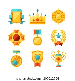 Trophy and awards icons set in flat design style.