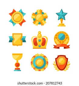 Trophy and awards icons set in flat design style.