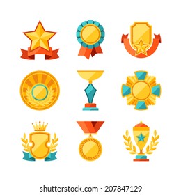 Trophy and awards icons set in flat design style.