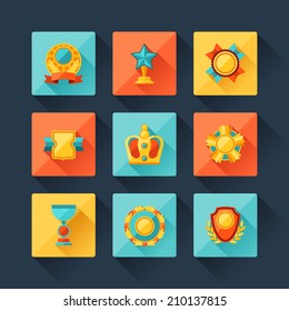 Trophy and awards icons set in flat design style.