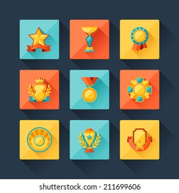 Trophy and awards icons set in flat design style.