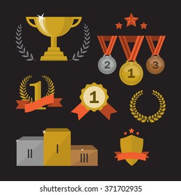 Trophy and awards icons set. Flat style design