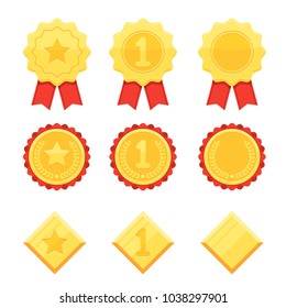 Trophy and awards icons set. Golden medals with stars and number one symbol. Vector illustration in modern flat style isolated on white background