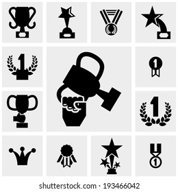Trophy and awards icons set on gray