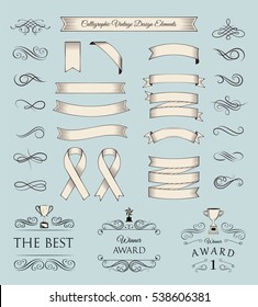 trophy and awards icons set. ribbons filigree divider swirls elements. vector illustration