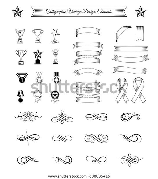 trophy\
and awards icons set. ribbons filigree divider swirls elements.\
vector illustration isolated on white\
background