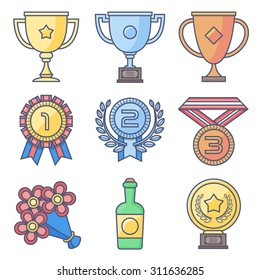 Trophy and awards. Lines and fill pastel colors icon set