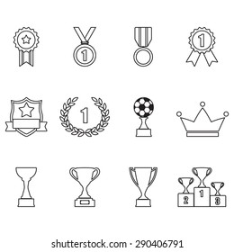 Trophy and awards outline icon set: laurel wreath, winning trophy cup, crown, medals, pedestal, badges and ribbons. Vector illustration isolated on white background.