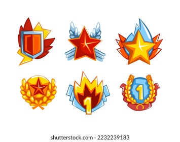 Juego de trofeos y premios. Ilustración vectorial del escudo dorado, estrella y laurel