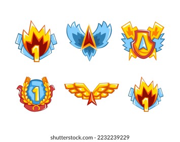 Trophy and awards set. Golden shield, wings and laurel wreath vector illustration