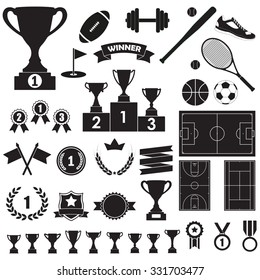 Trophy, awards and sports icon set: winning trophy cup, medals, pedestal, flags, ribbons, balls, sport fields. Vector illustration.