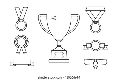 Trophy and awards thin line icons set with winner cup medals and ribbons